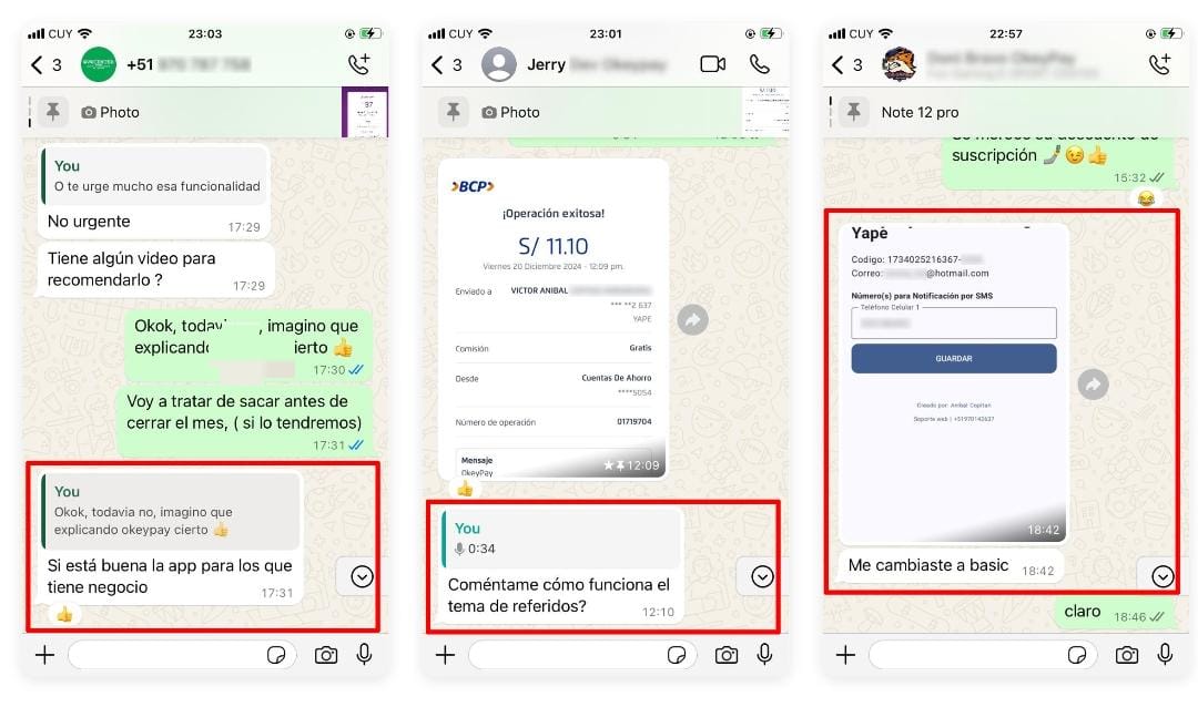 Capturas de mensajes y testimonios